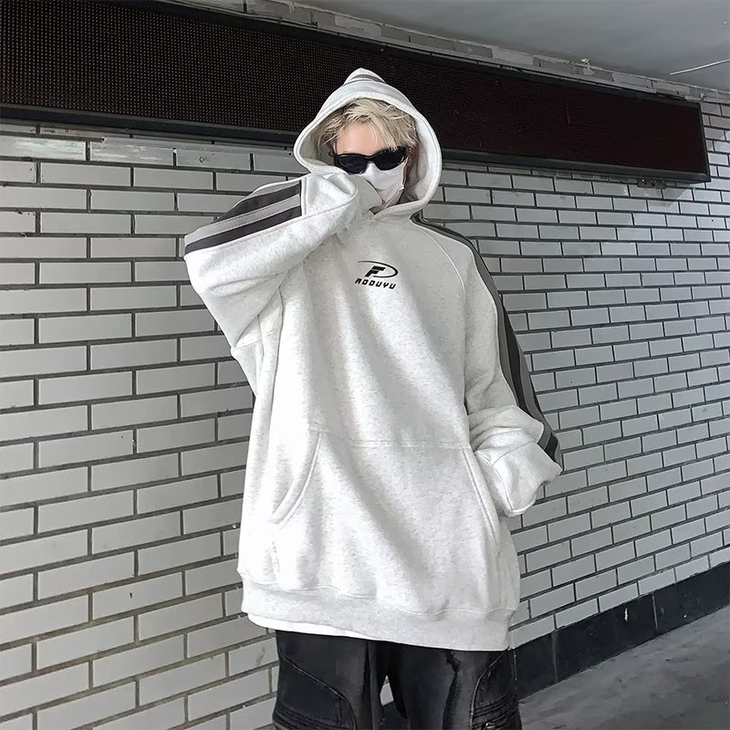 Heavy fleece-lined national fashion Stitching small LOGO printed raglan sleeve hoodie men's personalized striped couple's hooded sweater