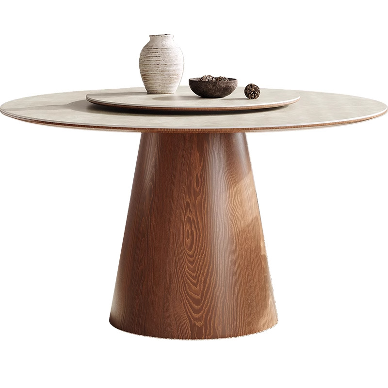Mesa y silla de comedor de madera maciza francesa con mesa giratoria, mesa redonda de restaurante de color nuez moderna y simple