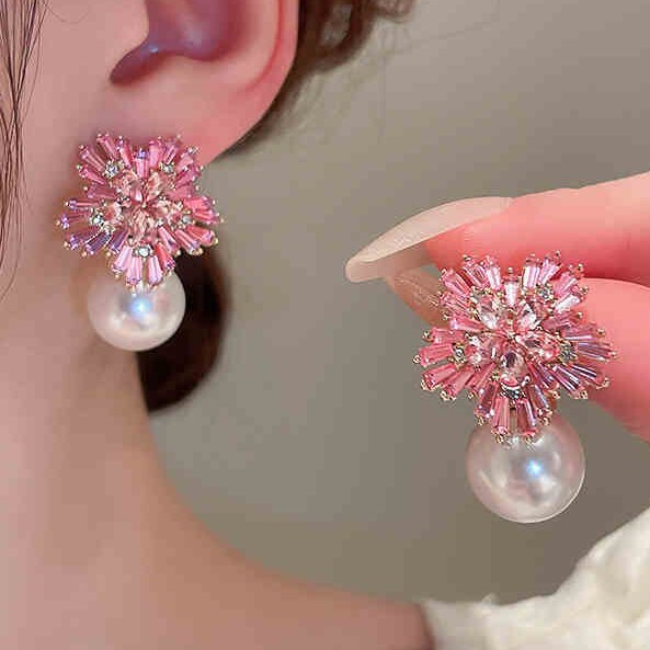 2026 Fashionable Pink Diamond Super Shiny Pearl Earrings New Snowflake Design Stylish Elegant Earrings Internet Celebrity Sweet Ear Accessories