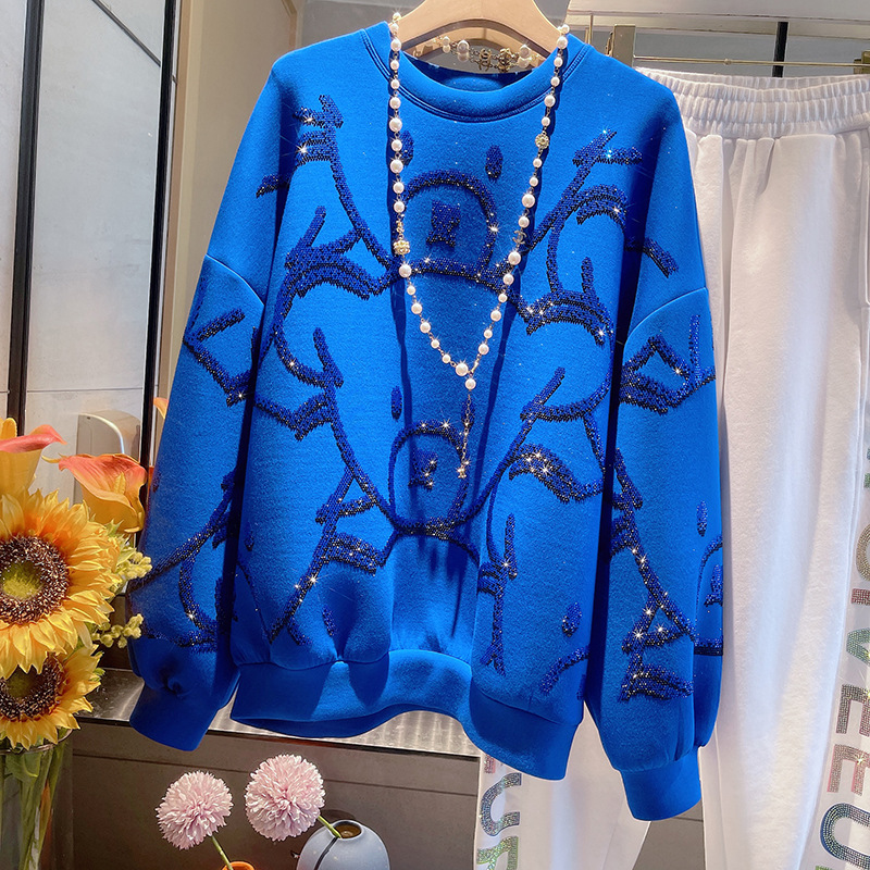 秋冬新款时尚克莱因蓝太空棉烫钻小熊卫衣女宽松百搭显瘦bf慵懒风