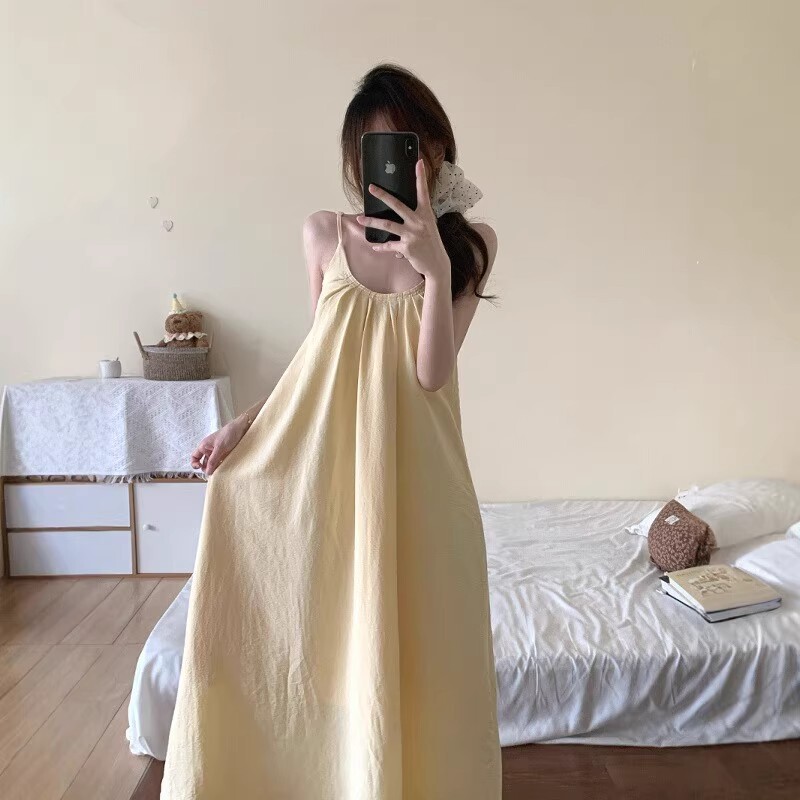 French-Style Suspender Nightgown with Breast Pads for Women, Summer Solid Color Mid-Length Over-The-Knee Loose Dress, Home Wear That Can Be Worn Outside