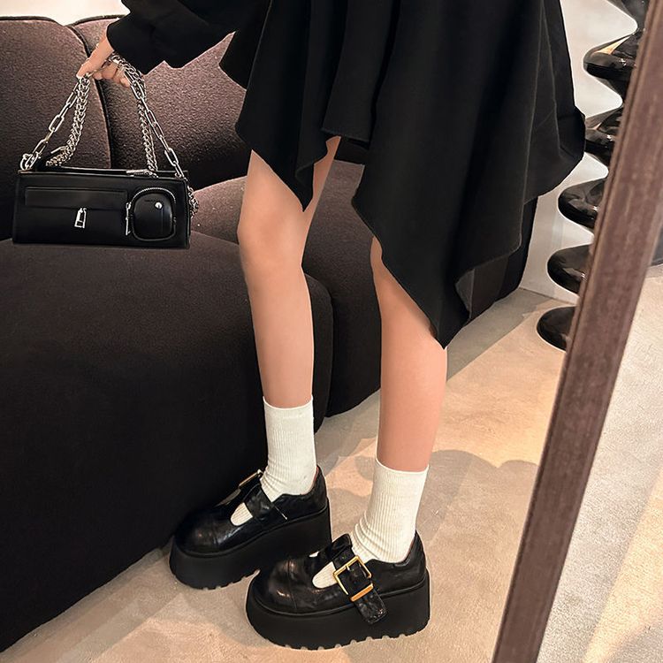 Giày da nữ mũi tròn miệng sâu đế xuồng cao gót dày khóa thắt lưng phong cách cổ điển — Màu nâu, Màu đen chi tiết 20
