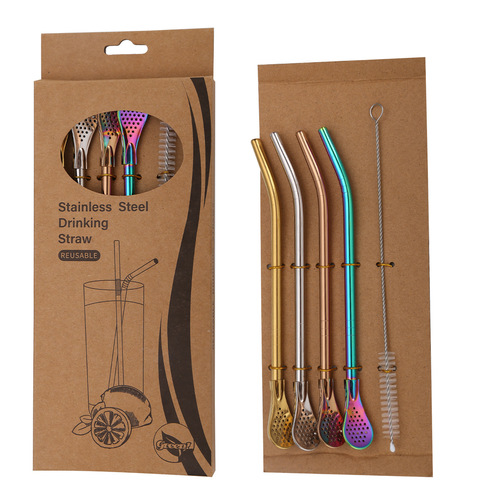 Cross-border Amazon best-selling 304 stainless steel straw spoon set titanium-plated colorful creative beverage filter straws