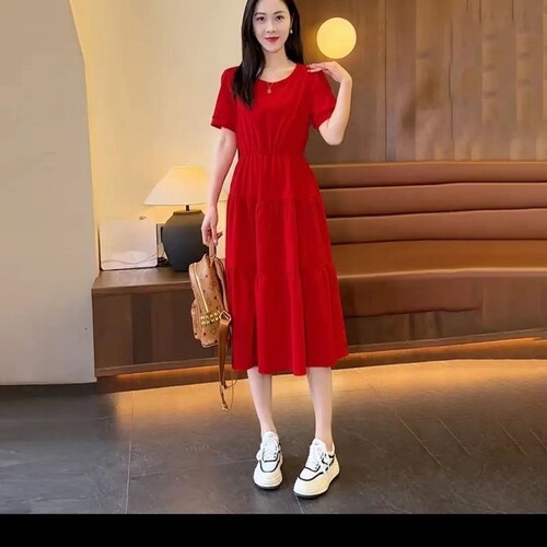 Summer short-sleeved dress, women's mid-long 2026 new style, slimming and waist, fashionable high-waisted round-neck dress