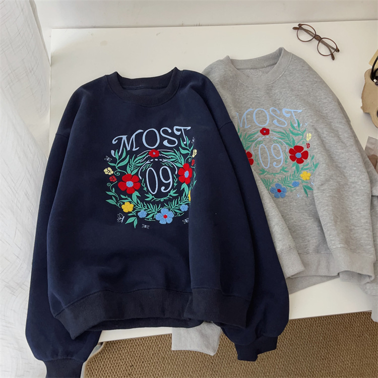 早秋植物刺绣韩系简约休闲百搭卫衣女宽松休闲百搭上衣女外套潮|undefined