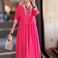 2025夏季欧美跨境热卖-女士纯色圆领宽松上衣连衣裙套装