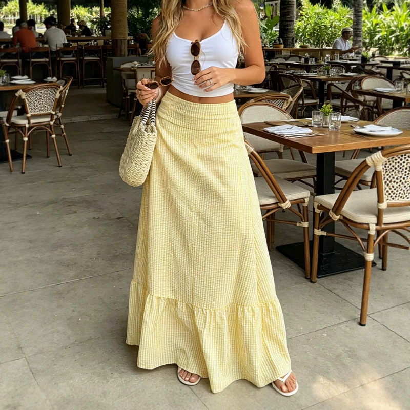 European and American export women's clothing Amazon independent website best-selling high-waisted striped umbrella skirt casual vacation style midi skirt