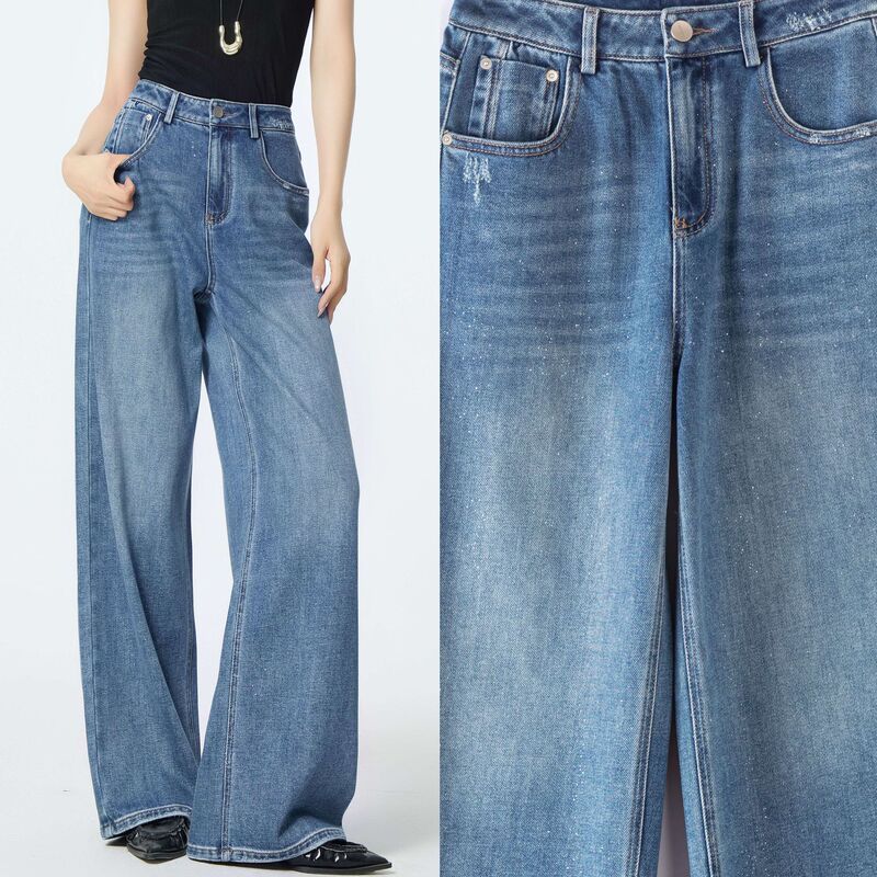 Sparkling Silver-Plated Lyocell Cotton High-Waisted Straight Wide-Leg Denim Pants for Women, 2026 Autumn New Style with Rhinestones, Casual Long Pants