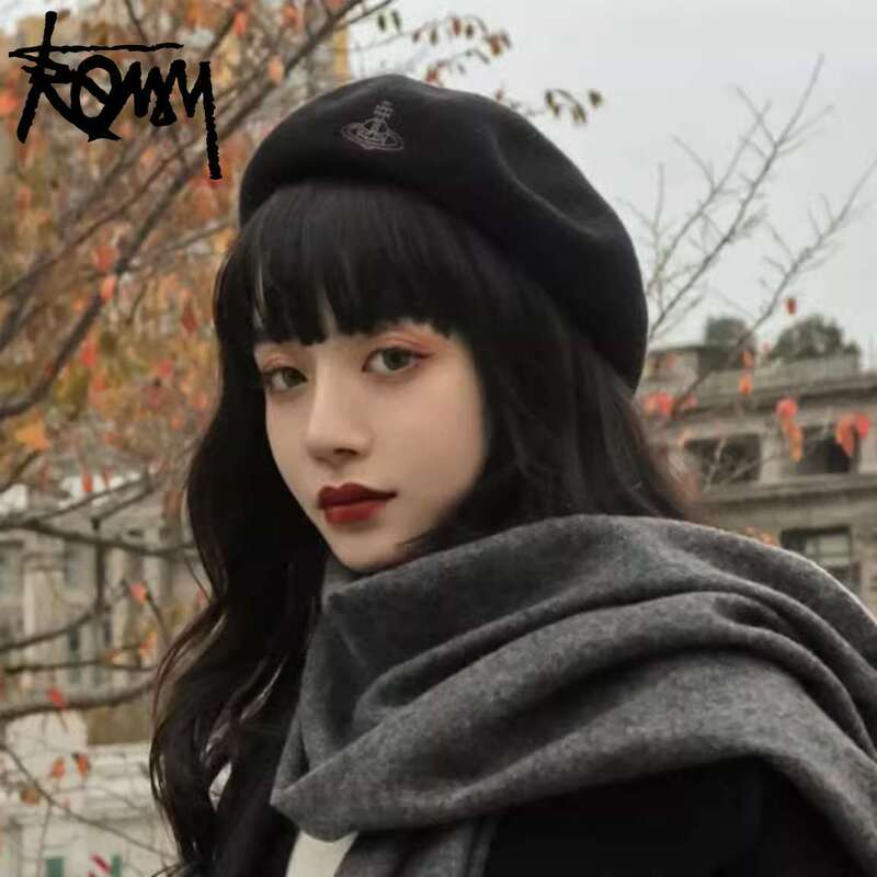 2025 Winter Empress Hat Classic Saturn Embroidery Solid Color Versatile Warm Pure Wool Beret for Women Wholesale