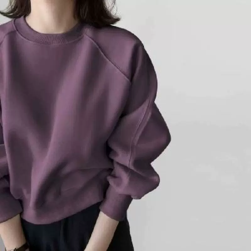 100聚酯纤维 复古插肩袖圆领卫衣女春秋季休闲百搭短款套头上衣
