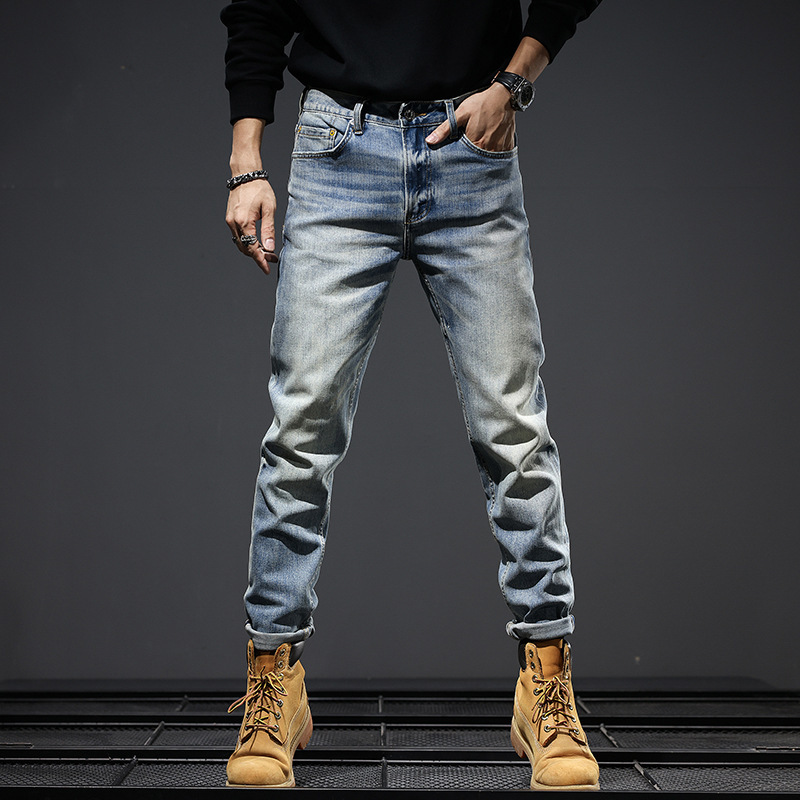 High-end simple washed distressed slim-fit stretch jeans trendy youth retro high-end blue skinny trousers High-end simple washed distressed slim-fit stretch jeans trendy youth retro high-end blue skinny trousers