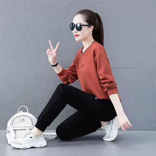 加绒加厚休闲运动套装女冬季韩版圆领卫衣卫裤两件套广场运动套装