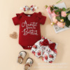 Children's bodysuit, set with letters, jacket, belt, cute trousers, Amazon, with short sleeve, flowered