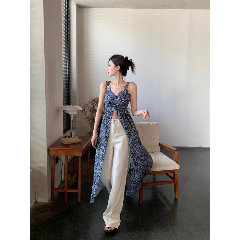 French Style Floral V-neck Sling dress Women's Summer Sweet Spice Dress Blue Retro Elegant Split Long Dress