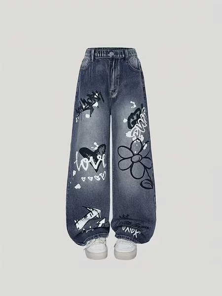 Cross-Border Amazon New Style Loose Casual Straight-Leg Jeans for Teenage Girls