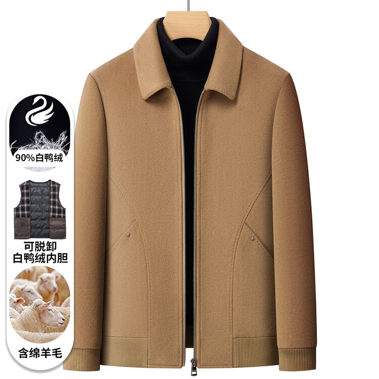 Double-faced 70% wool business jacket [with a detachable 90% white duck down lining] – zip-up casual jacket with a turn-down collar for men