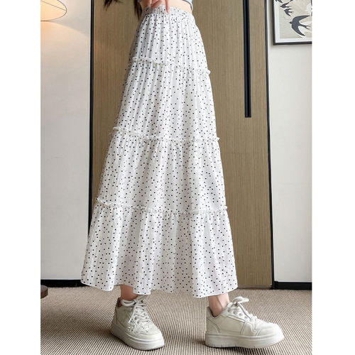 Policy-dotted skirt for women's summer new high-waist a-line slimming medium and long all-matching small white long dress