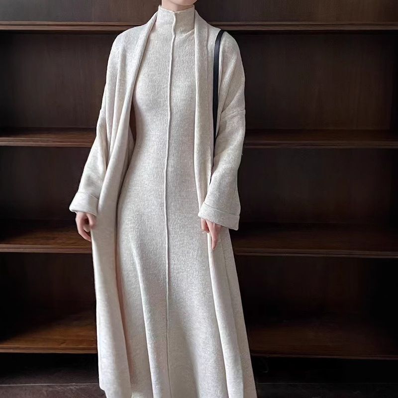 Cross-Border Foreign Trade Lazy Style Long Knitted Cardigan Sweater Set for Women, New Autumn and Winter High-Neck Dress Two-Piece Set