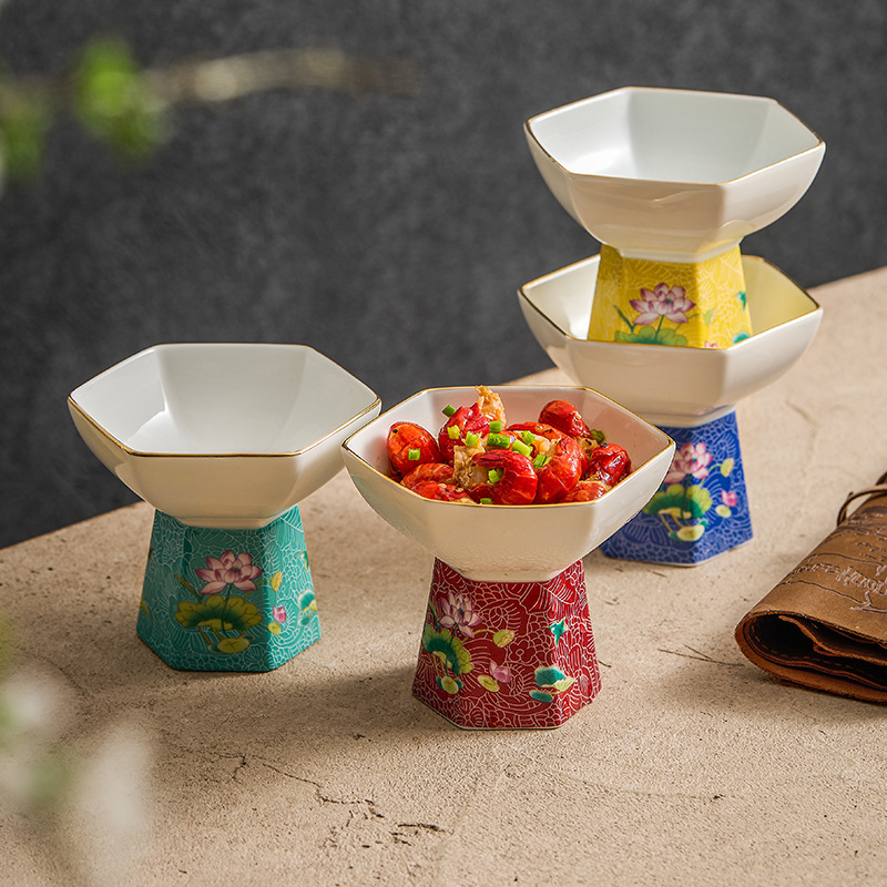 Enamel Color Ceramic Goblet Bowl Household Court Style Dessert Bowl Commercial Creative Hotel Fine Tableware Hexagon Plate