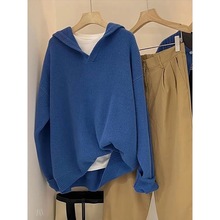 外贸一线大牌尾单剪标女装克莱因蓝色连帽针织衫新款宽松秋冬毛衣
