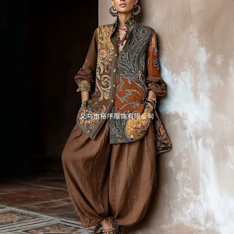 European and American Cross-Border Hot-Selling Bohemian Printed Linen Shirt and Pants Two-Piece Set