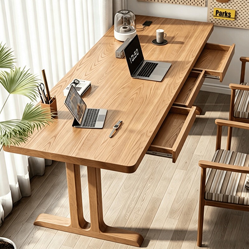 Light walnut-colored solid wood desktop computer desk, large slab table, living room long table, sturdy and stable, suitable for two people to work or study