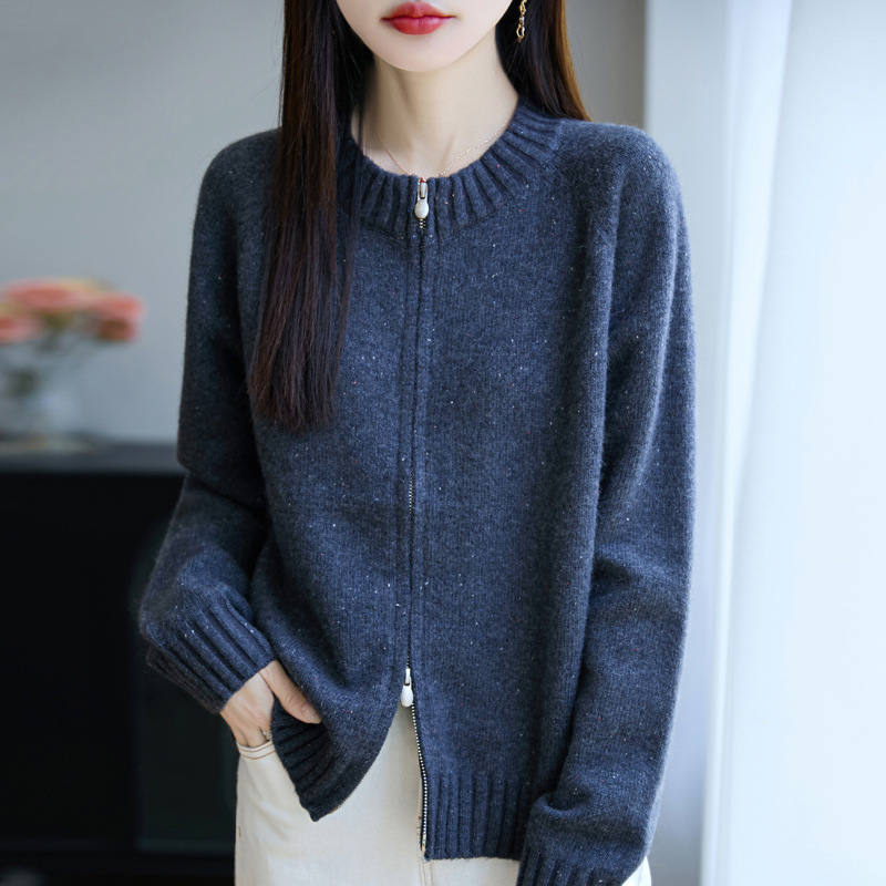 2025 New Autumn and Winter Raccoon Velvet Round Neck Knitted Zipper Cardigan Women's Double Colorful Warm Top Jacket Thick