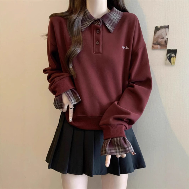 格子衬衫拼接假两件卫衣女款秋冬大码胖mm显瘦宽松韩系Polo领上衣|undefined