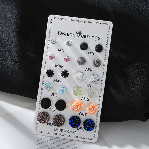 Korean Version New 12 Pair Diamond and Pearl Earrings Set, Combination of Large and Small Diamonds, Simple and Fashionable Earrings Accessories for Wholesale