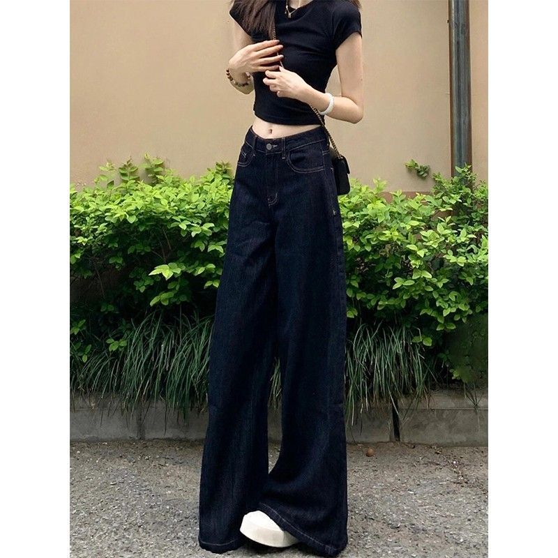 Dark Blue Wide-Leg Jeans for Women, Summer 2025 New Style, Retro High-Waisted, Loose, Versatile, Straight-Leg, Floor-Length Pants, Trendy Dark Blue Wide-Leg Jeans for Women, Summer 2025 New Style, Retro High-Waisted, Loose, Versatile, Straight-Leg, Floor-Length Pants, Trendy
