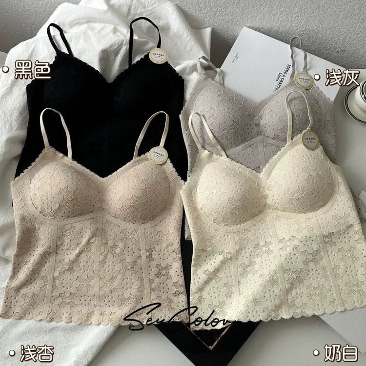 6213-1 Camisole Women's Sexy Lace V Neck Beautiful Back Slimming Look One-Cup Pad for Inner Wear and Outer Wear Tube Top