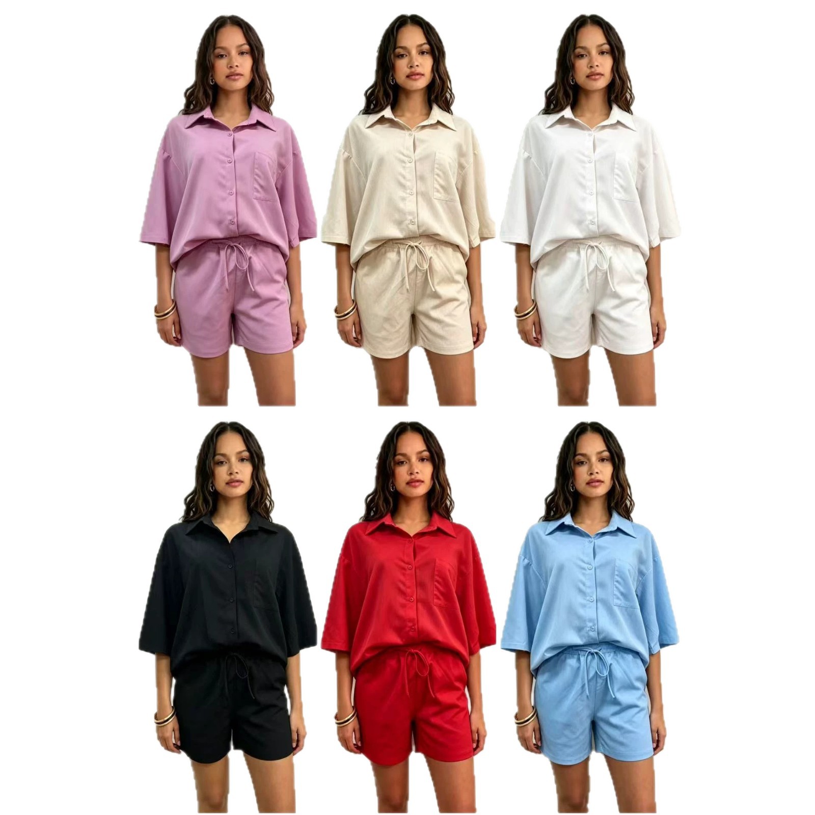 Women's Multi Color Collared Loose Fitting Shirt And Shorts Set Casual Solid Color Everyday Commuter Fashion_ecoleips.com