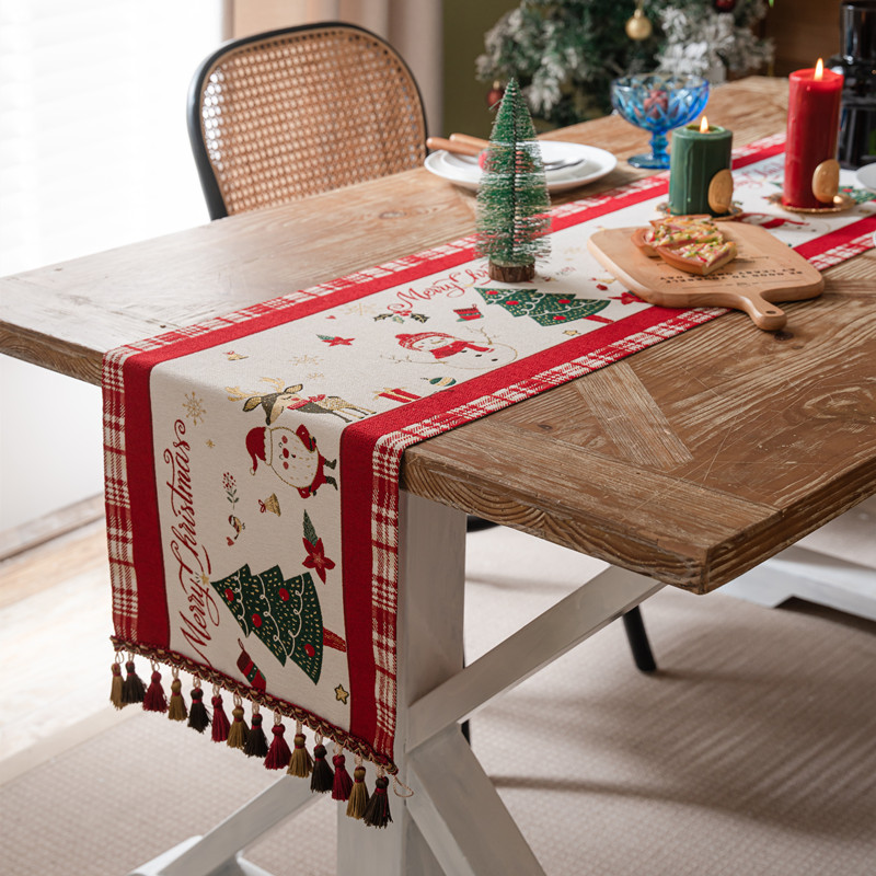 Cross-border Yarn-dyed Jacquard Christmas Red Plaid Snowman Tassel Home-use Polyester Table Bed Runner, Cover Cloth_voghion.com