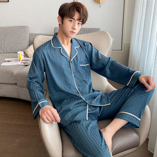 Pajamas Men's Spring and Autumn Long Sleeve Ice Silk Thin Jacquard Houndstooth plus size Outwear Home Wear suit Summer N295