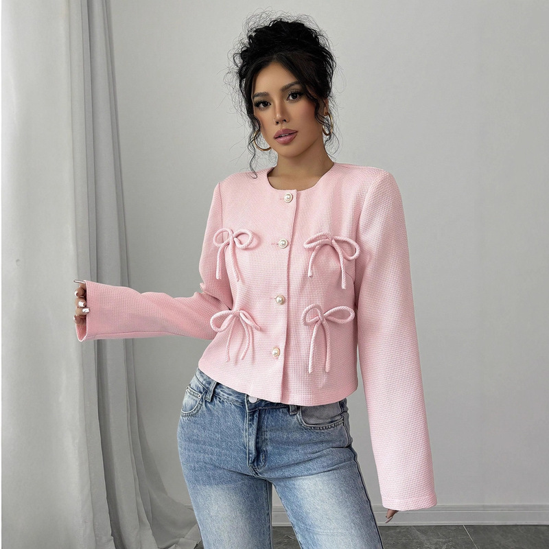 Aliexpress Popular Round Neck Single-Breasted Cardigan European and American Bow Design Loose Small Fragrant Style Long-Sleeved Jacket