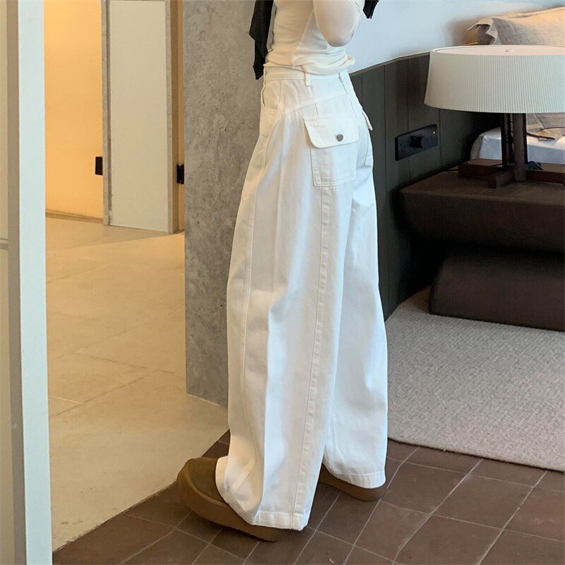 White curved hem jeans for women, 2026 summer new style, unique design, high-waisted, slimming, loose, casual, wide-leg pants White curved hem jeans for women, 2026 summer new style, unique design, high-waisted, slimming, loose, casual, wide-leg pants