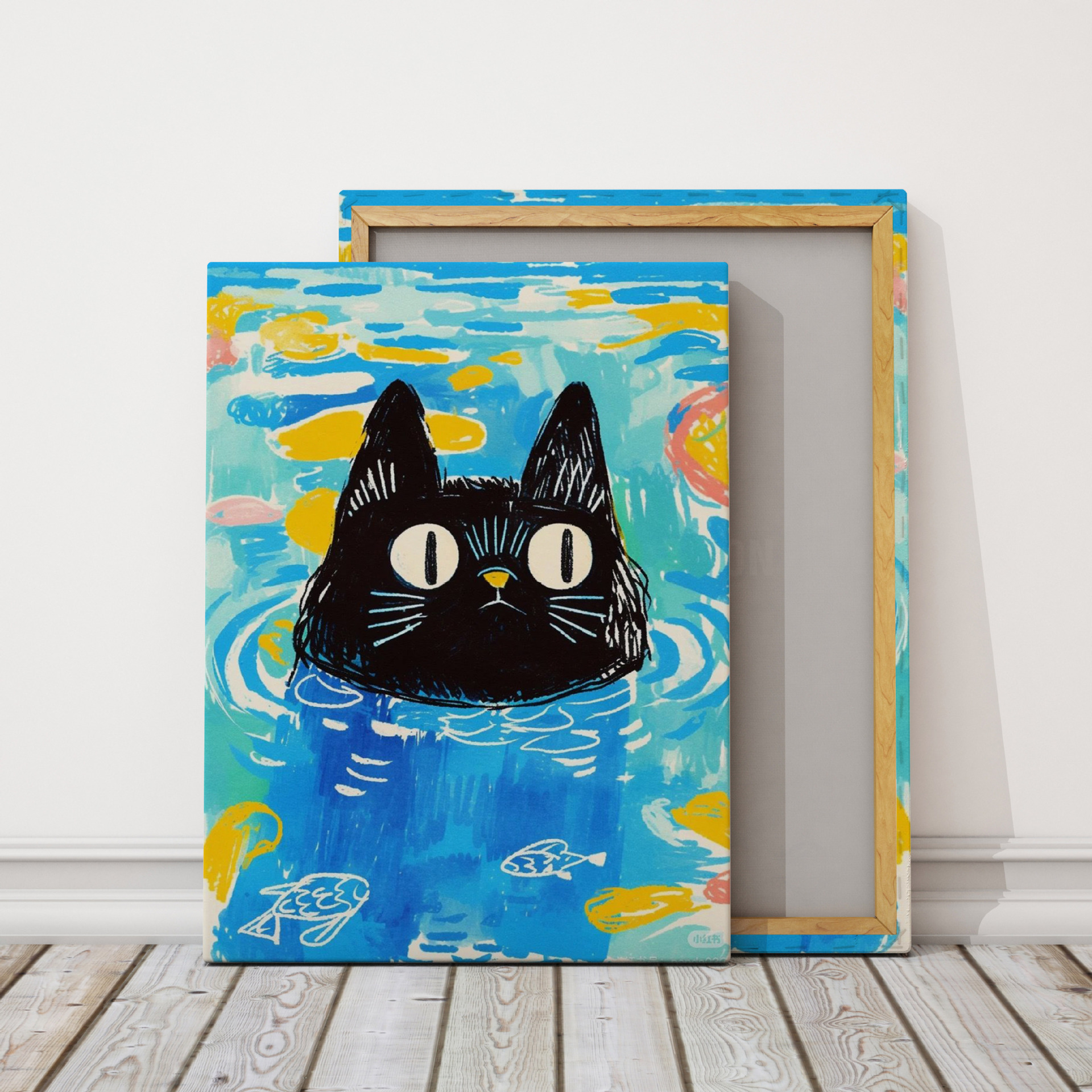 Cross-Border Cute Black Cat Playing in Water Decorative Painting Frameless Spray Painting Core Children's Room Living Room Canvas Painting Amazon Wholesale