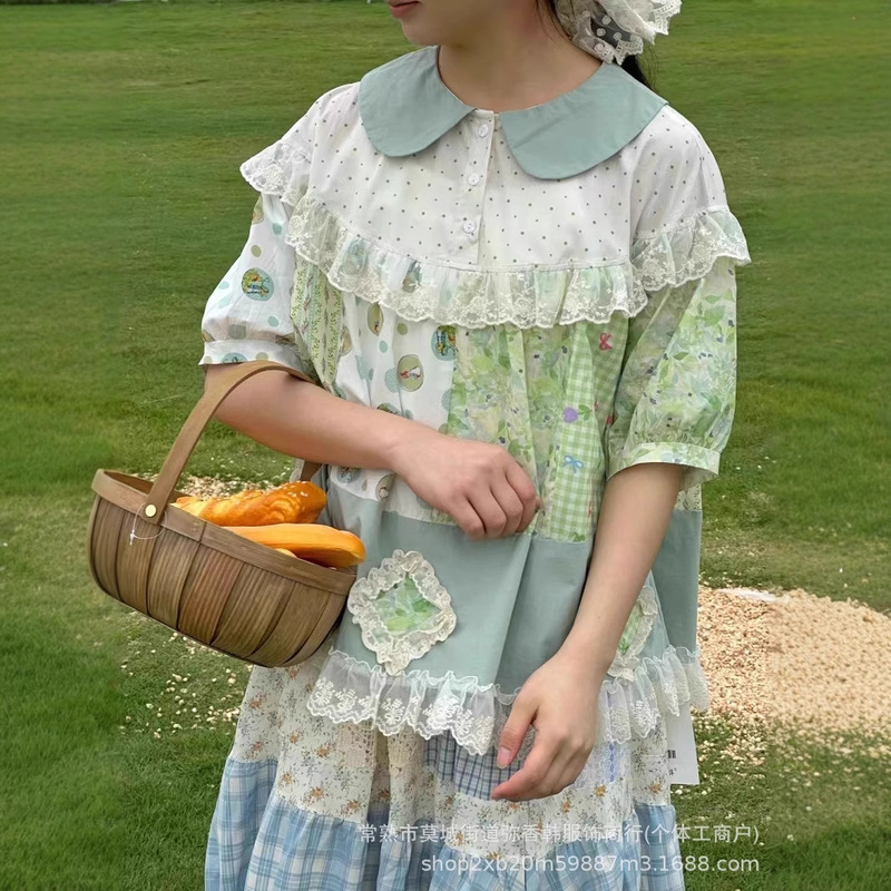 825148 Forest Pink Floral Lace Doll Collar Cute Girl Loose Summer Short-Sleeved Shirt Doll Shirt