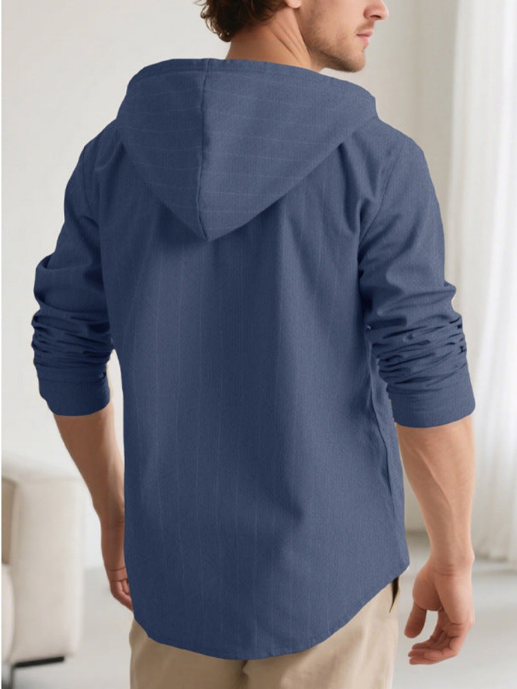 Men's Casual Striped Linen Blend Hooded Shirt Long Sleeve Top_voghion.com