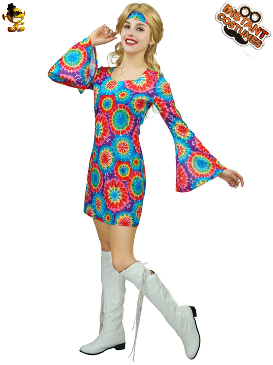 Adulto grande mujer hippie traje de Halloween ropa fiesta retro 60's rendimiento distribución al por mayor