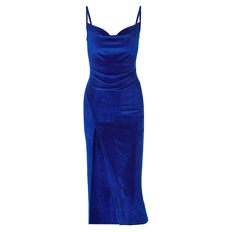 European And American Foreign Trade Cross-Border 2025 Summer New Sexy Slim Fit Slit Velvet Strap Party Dress For Women_ecoleips.com