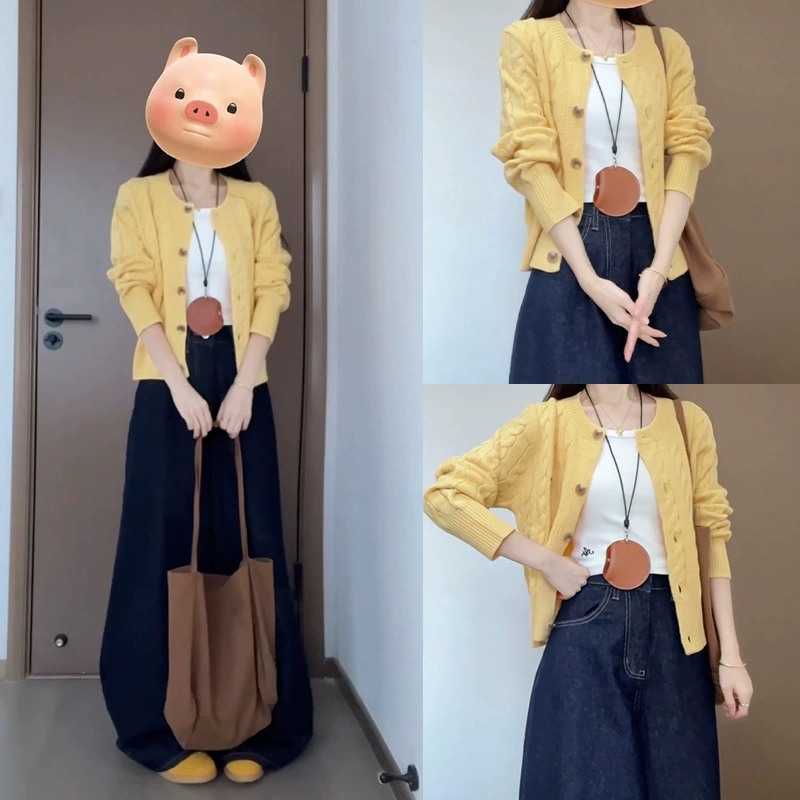 Женский короткий вязаный кардиган-жакет желтого цвета в стиле ленивого шика, новинка весны 2025 года