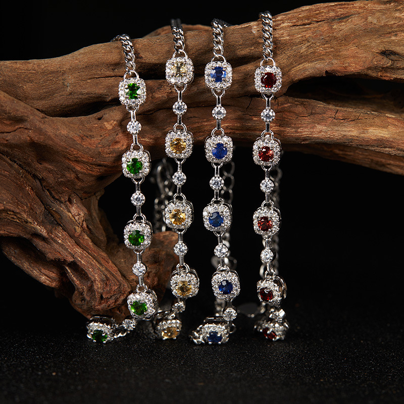 天然石榴石透辉石蓝宝石手链女S925纯银彩宝饰品厂家珠宝饰品批发