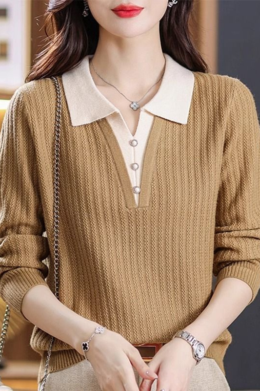 妈妈装假两件秋冬新款毛衣女长袖春秋款翻领洋气上衣针织打底衫女|undefined