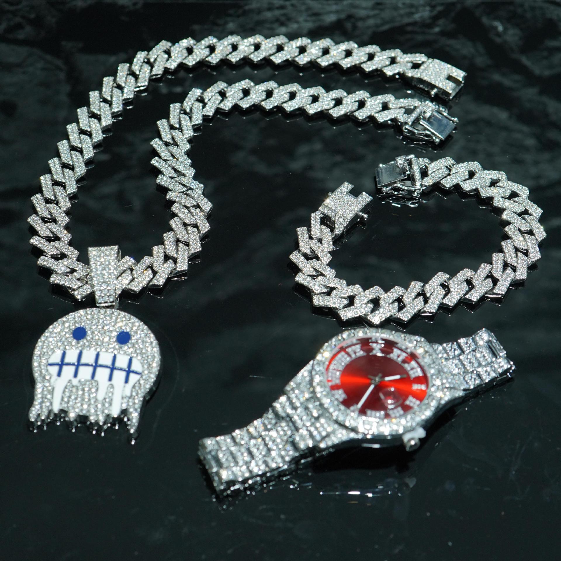 Aleación de alta calidad de moda de diamante de hielo cara colgante de collar de cadena cubana pulsera color reloj conjunto de joyas