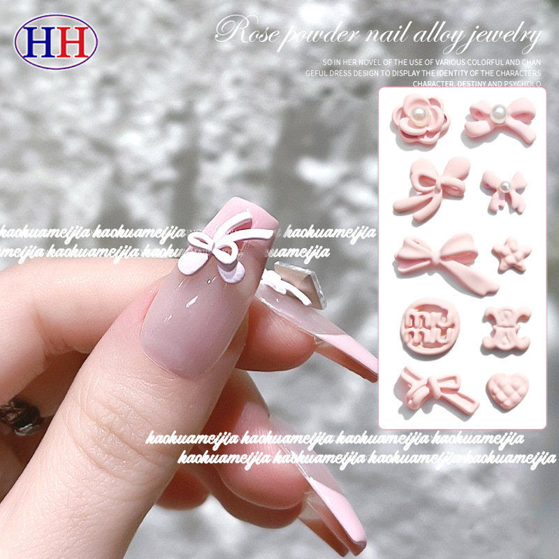Explosive Niche Design Hollow Nail Art Jewelry Ins Fresh Pink Bow Pearl Flower Nail Diamond Ornaments