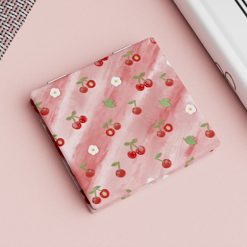 63g Weight Mirror Makeup Tools Types 1 Piece Quantity Pu Leather Material Cartoon, Peach, Cherry Pattern Cute Style Cute Cartoon Peach Cherry Pu Leather Mirror 1 Piece 2