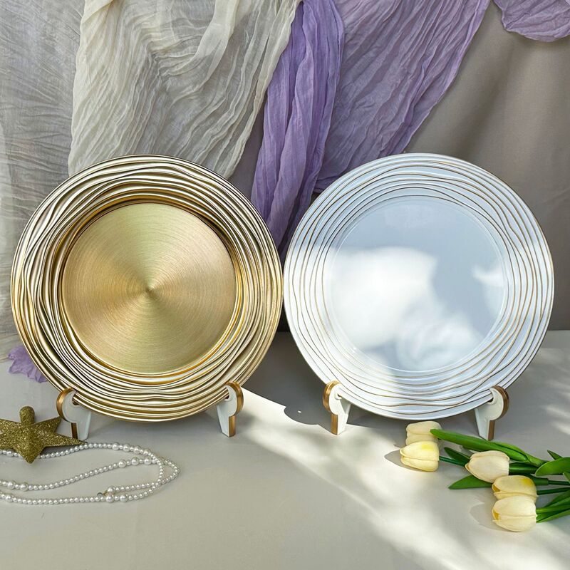 Cross-Border Amazon Charger Plate Round White Plus Handmade Gold Edge Plastic Plate Wedding Hotel Party Cross-Border Amazon Charger Plate Round White Plus Handmade Gold Edge Plastic Plate Wedding Hotel Party