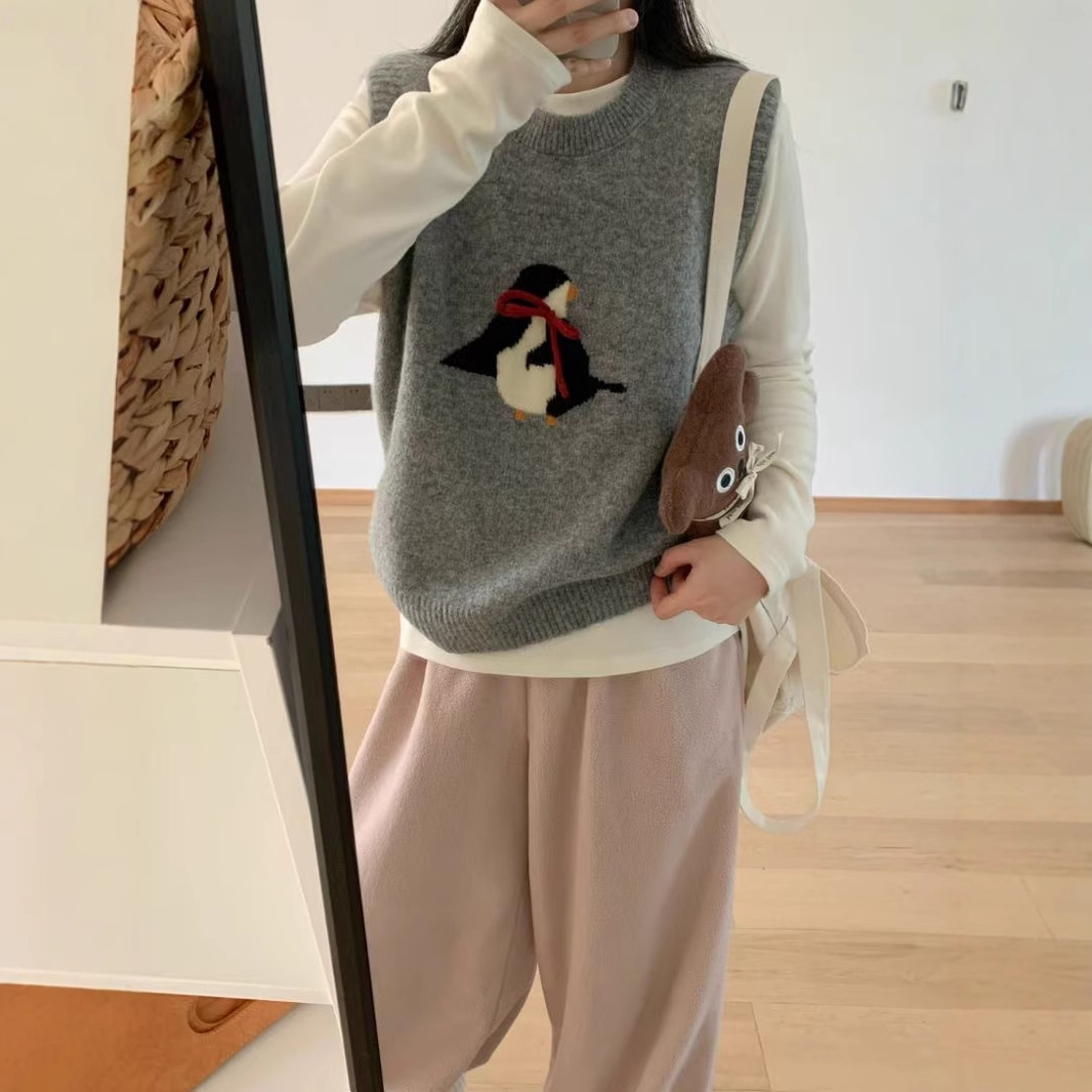 2025春季日系文艺小清新甜美小企鹅圆领羊毛混纺针织衫背心马甲女