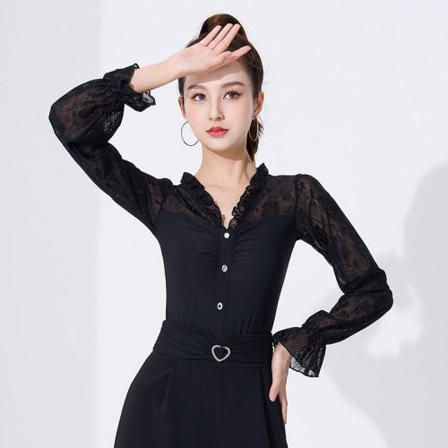 Latin dance tops for women with lace sleeves, new modern dance clothes for practice, adult national standard hot diamond fashion dance clothes and dance clothes